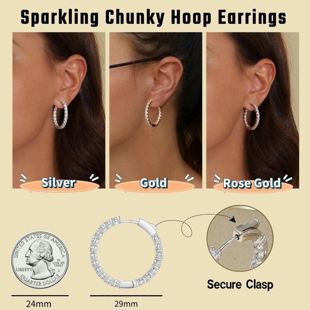 Gold Hoop Earrings for Women 14K Gold Plated Cubic Zirconia Hoop Earrings for Wo - Picture 5 of 7